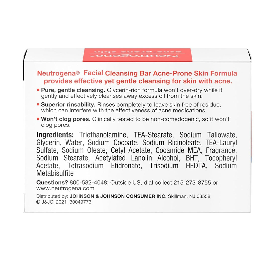 Neutrogena Facial Cleansing Bar Treatment for Acne-Prone Skin, Non-Medicated & Glycerin-Rich Formula Gently Cleanses without Over-Drying, No Detergents or Dyes, Non-Comedogenic, 3.5 Oz