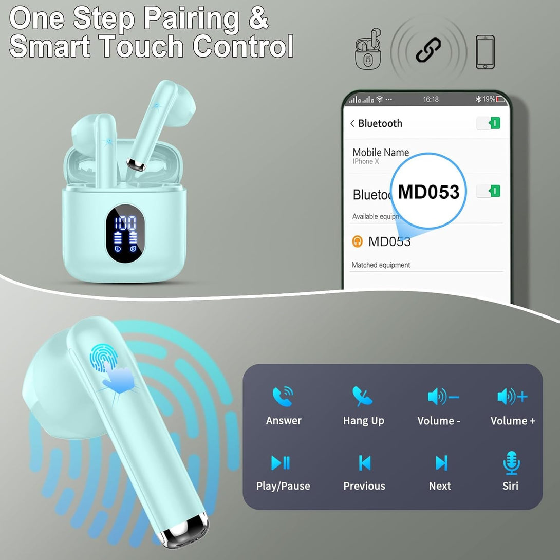 Wireless Earbuds, Bluetooth Headphones 5.4 with ENC Noise Cancelling Mics, 30H Bluetooth Ear Buds 3D Bass with LED Display Charging Case, IP7 Waterproof Wireless Earphones for Android, Ios, Cyan