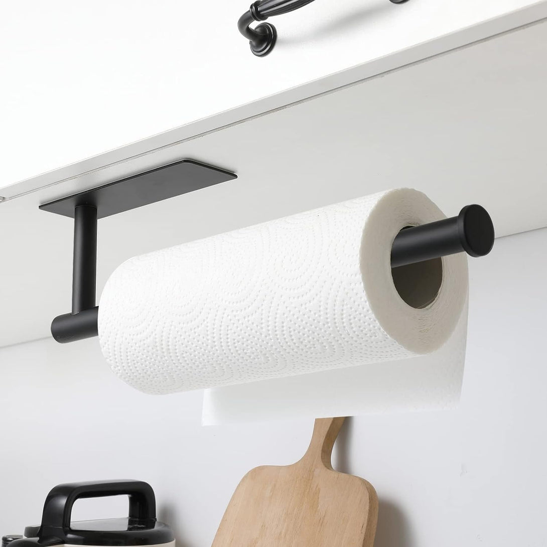 Theaoo Paper Towel Holder - under Cabinet Paper Towel Holder for Kitchen, Adhesive Paper Towel Roll Rack for Bathroom Towel, Wall Mounted Matte Black Paper Towel Rack, SUS304 Stainless Steel