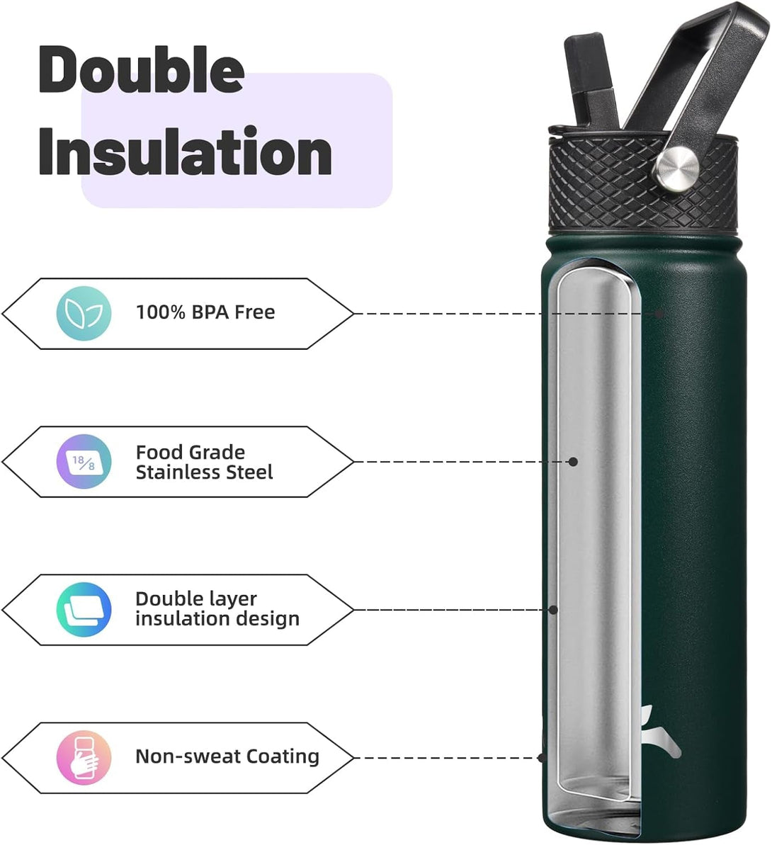 22Oz Stainless Steel Bottles with 3 Lids Sport Insulated Water Bottle,Army Green