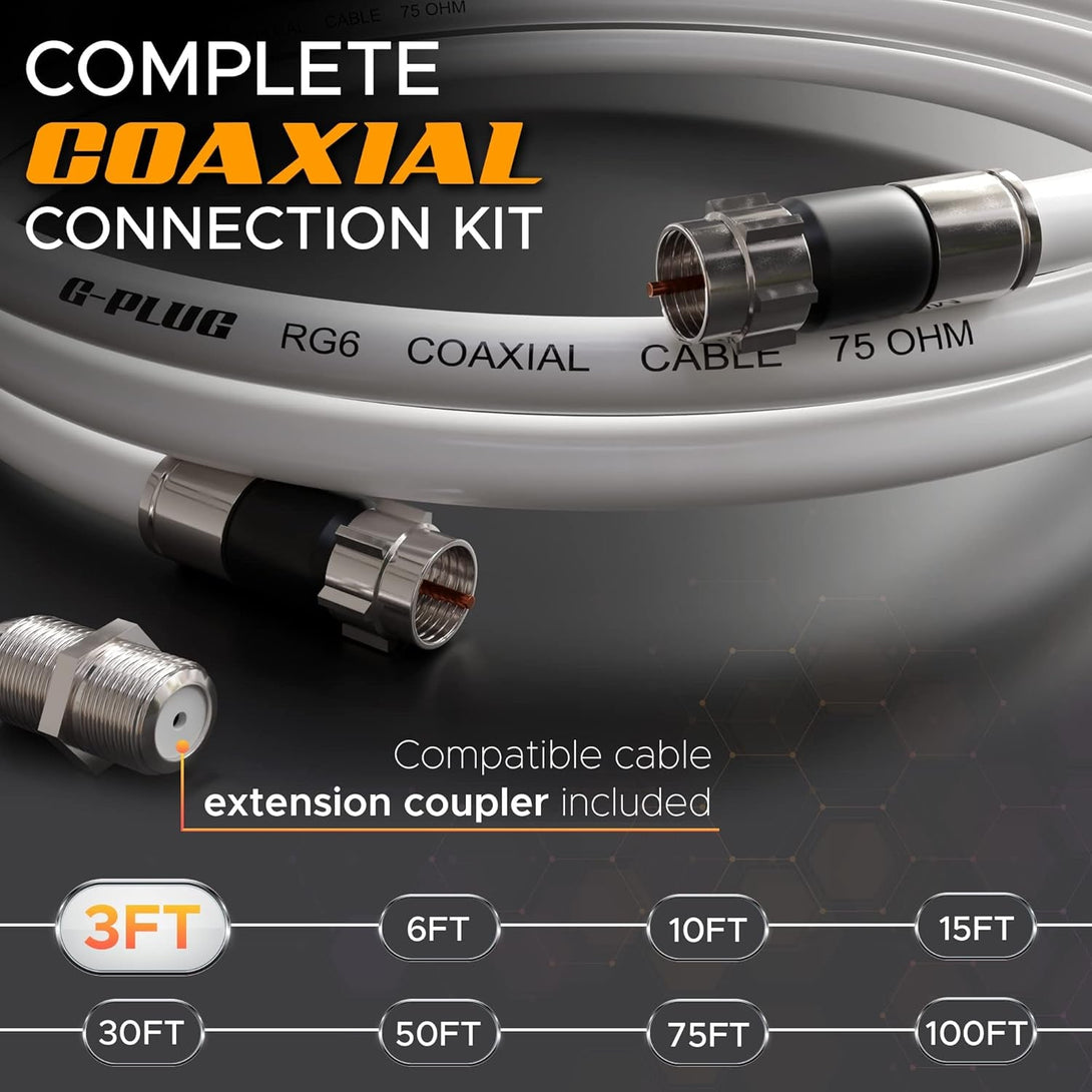 G-PLUG 3FT RG6 Coaxial Cable Connectors Set- High-Speed Internet, Broadband and Digital TV Aerial, Satellite Sky Cable Extension - Weather-Sealed Double Rubber O-Ring and Compression Connectors White