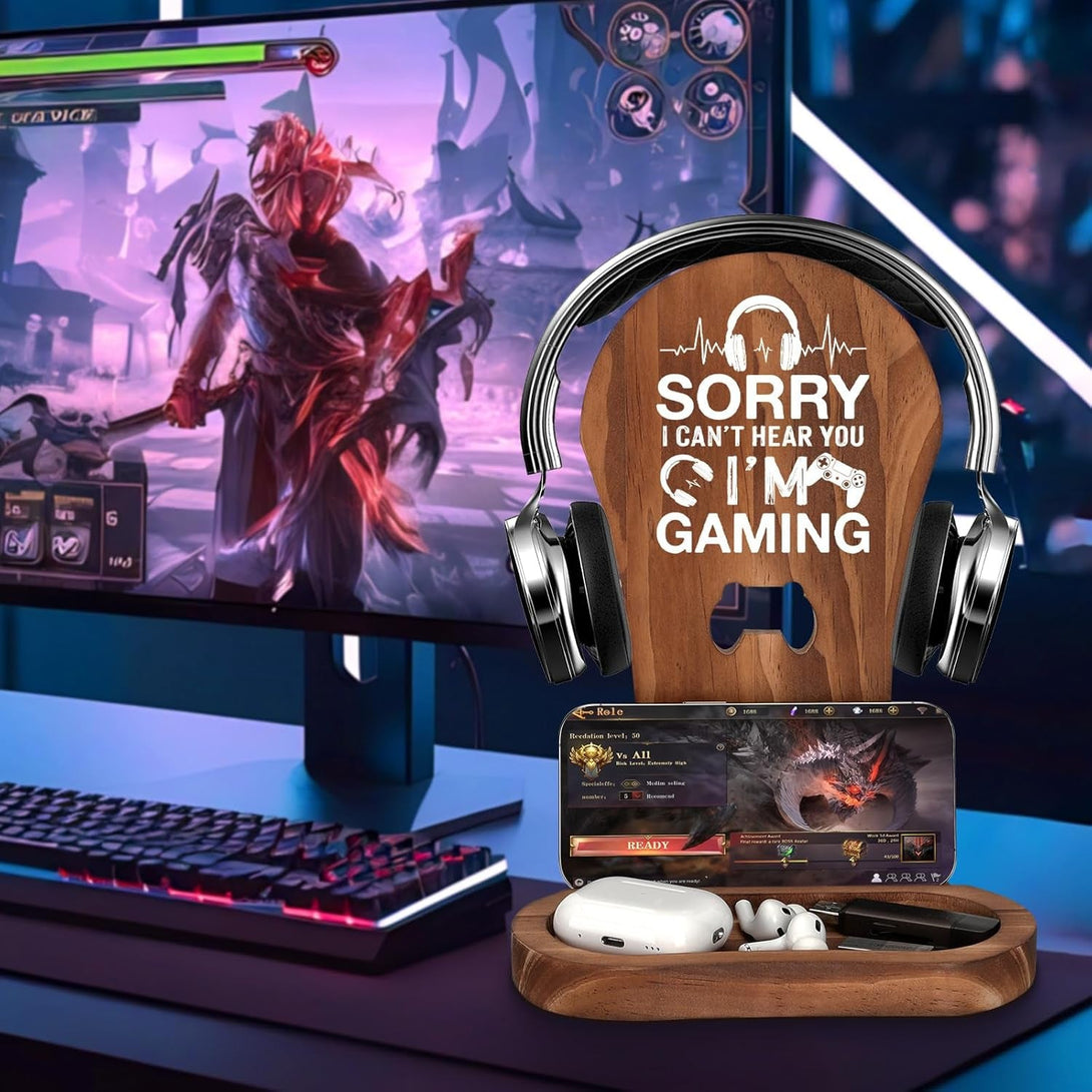 Gamer Gifts for Teenage Boys, Gaming Headphone Stand for Men, Gaming Room Decor Wooden Headset Holder, Son Boyfriend Husband Game Lover Gifts -Sorry I Can'T Hear You I'M Gaming