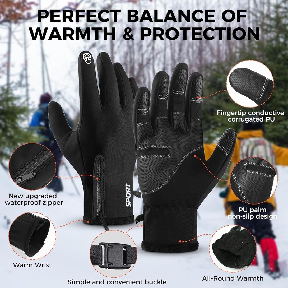AURUZA Winter Gloves Men Women, Zipper Cycling Gloves Touch Screen, Windproof Warm Gloves Cold Weather, Anti-Slip Gloves