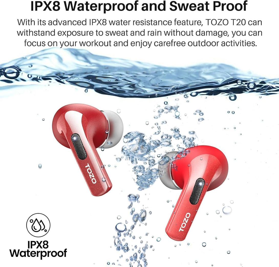 TOZO T20 Wireless Earbuds Bluetooth Headphones 48.5 Hrs Playtime with LED Digital Display, IPX8 Waterproof, Dual Mic Call Noise Cancelling 10Mm Broad Range Speakers with Wireless Charging Case