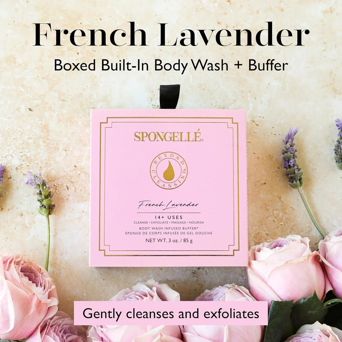 Spongelle French Lavender Wild Flower Buffer Body Scrubber with Box | Bath & Shower Loofah for Women | Exfoliator with Body Wash Infused | 14+ Uses