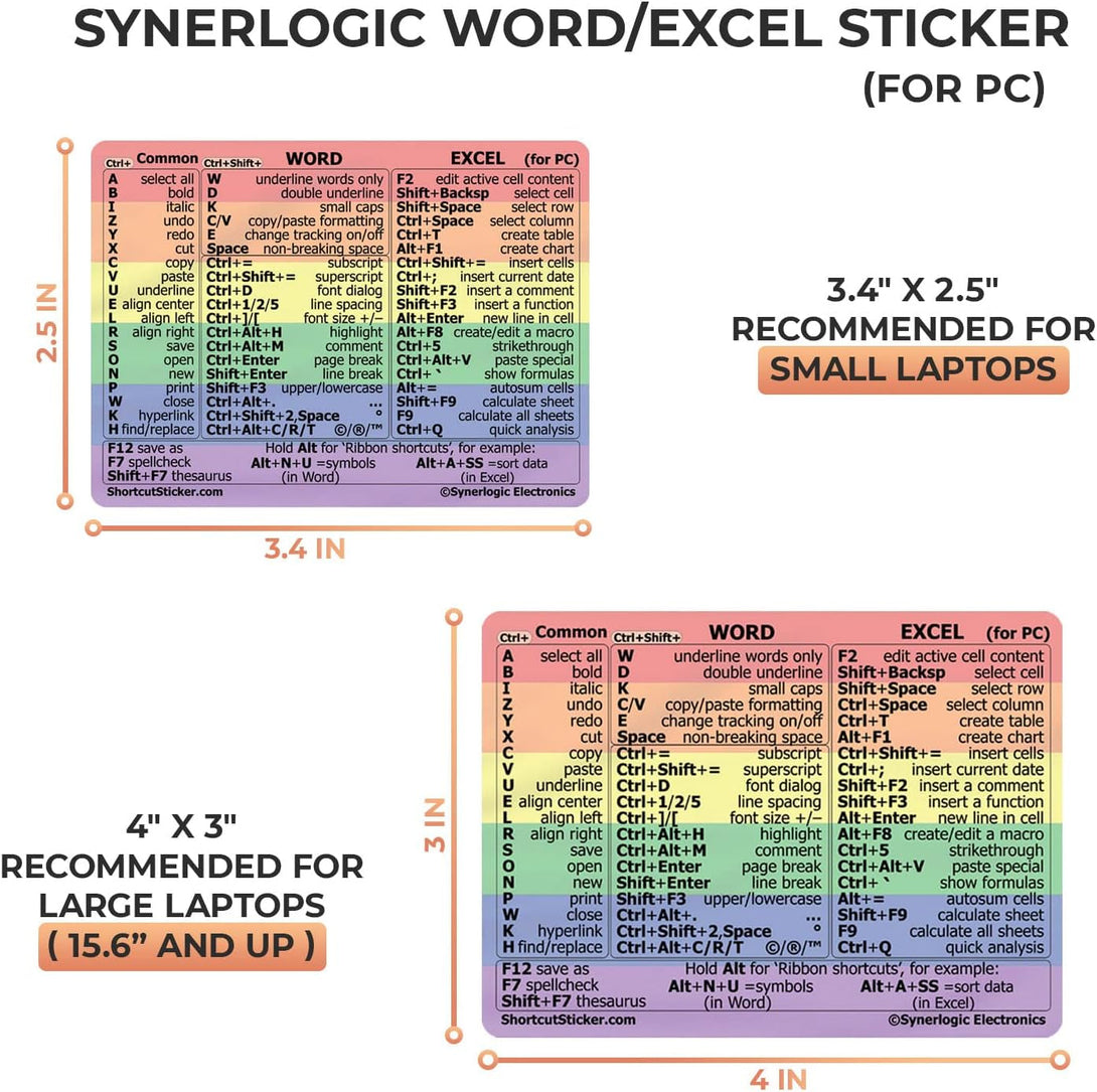 Synerlogic Word/Excel Windows Shortcut Sticker | Reference Guide Keyboard Shortcuts | Work from Home Essentials | Excel Shortcuts Cheat Sheet Laminated No-Residue Vinyl (Rainbow/Small)