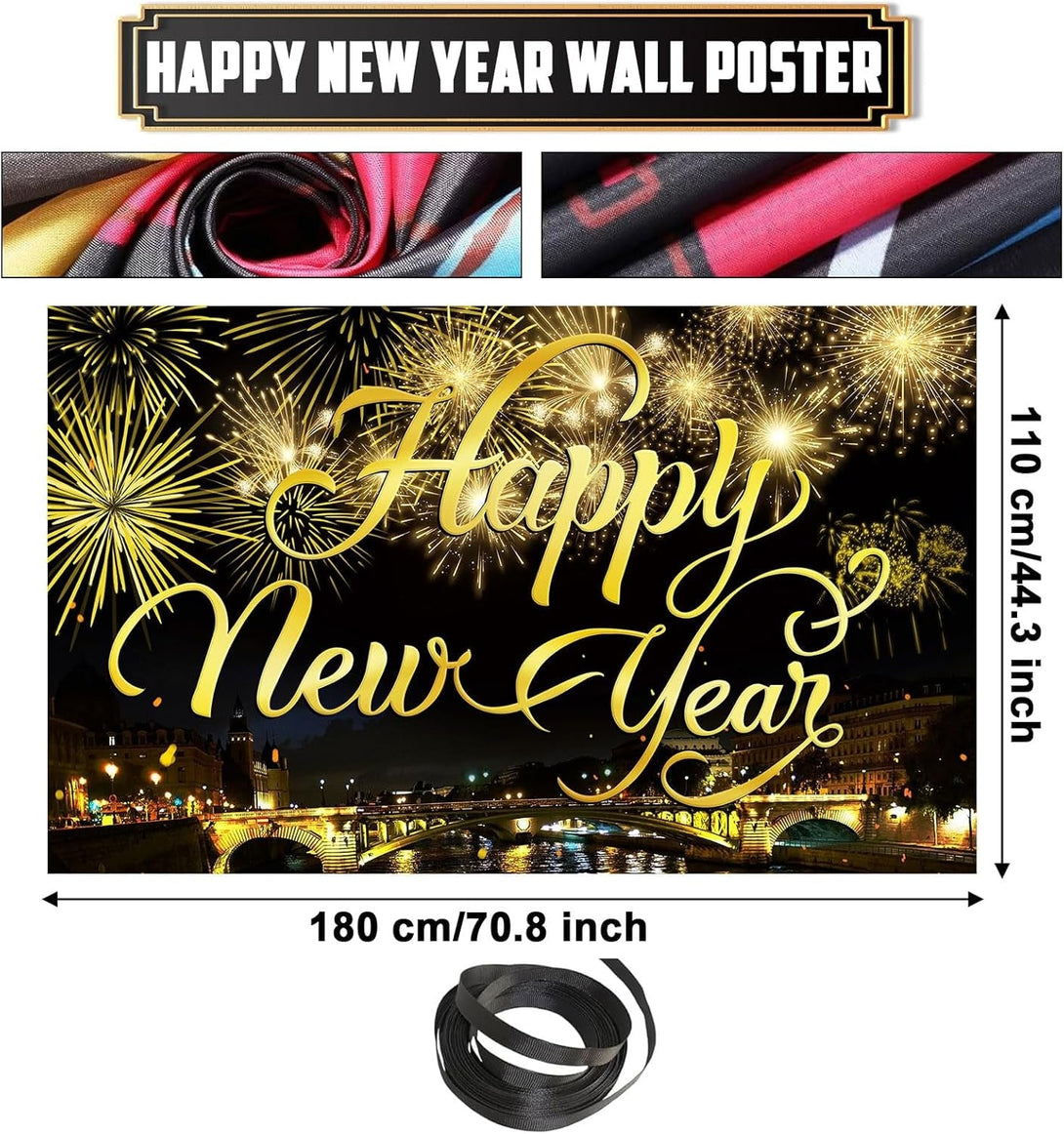 Happy New Year Party Backdrop Fabric Sign Poster Banner with Pattern Firework for New Year Party Decoration Photo Props Background Supplies