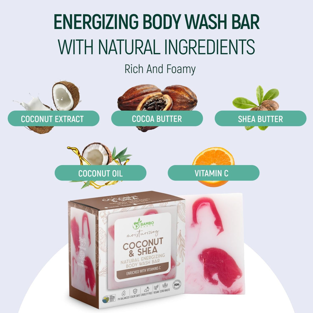 Solid Moisturizing Body Wash Bar Soap – Natural Dry Gel Bodywash Shower Bars with Plant Based Essential Oil and Zero Waste Packaging - Use with Hair Shampoo & Conditioner (Coconut & Shea)