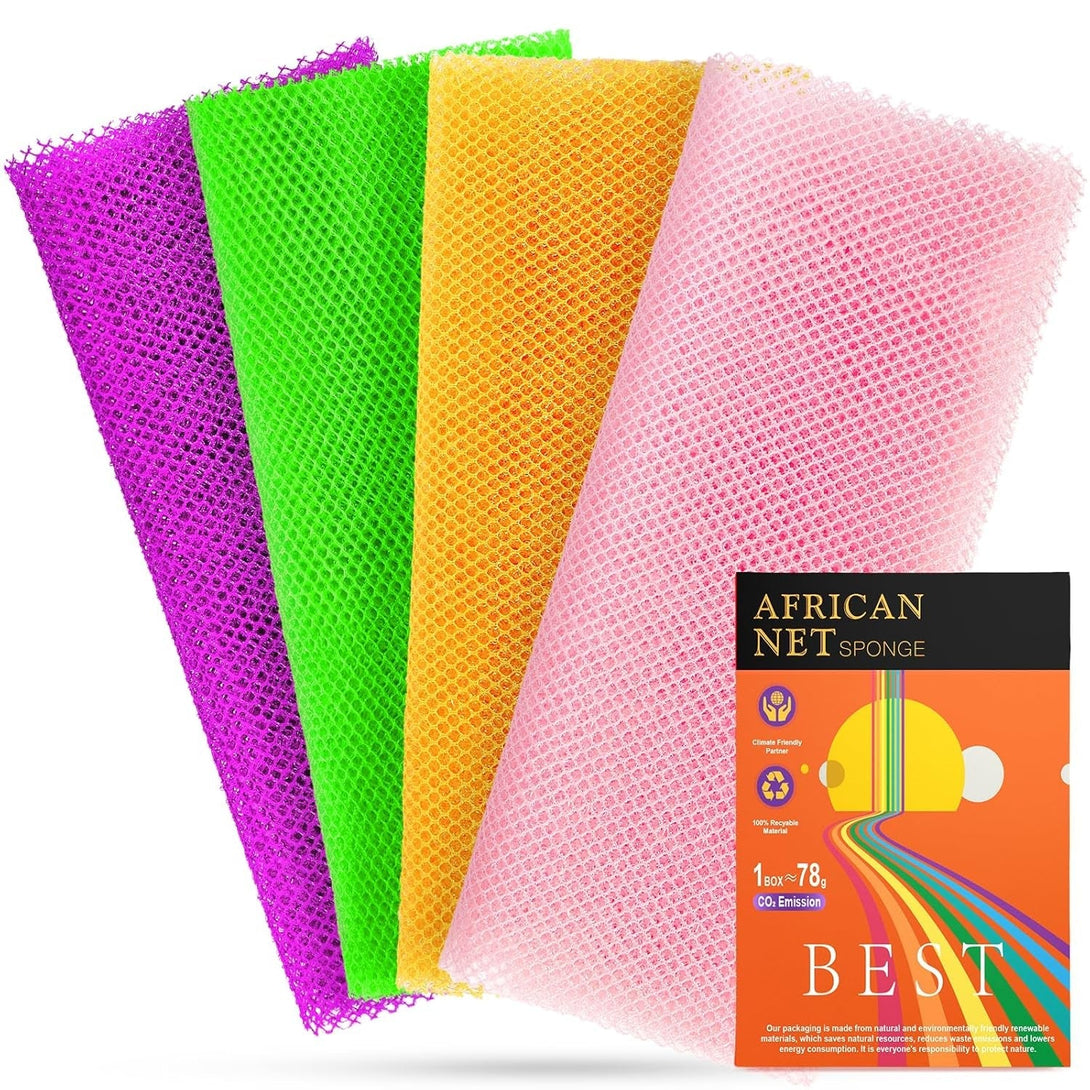 4 African Net Sponge Mesh Long Mesh Bath Sponges - Exfoliates and Refreshes Skin for a Silky Smooth Shower Experience (Purple, Pink, Green, Orange)