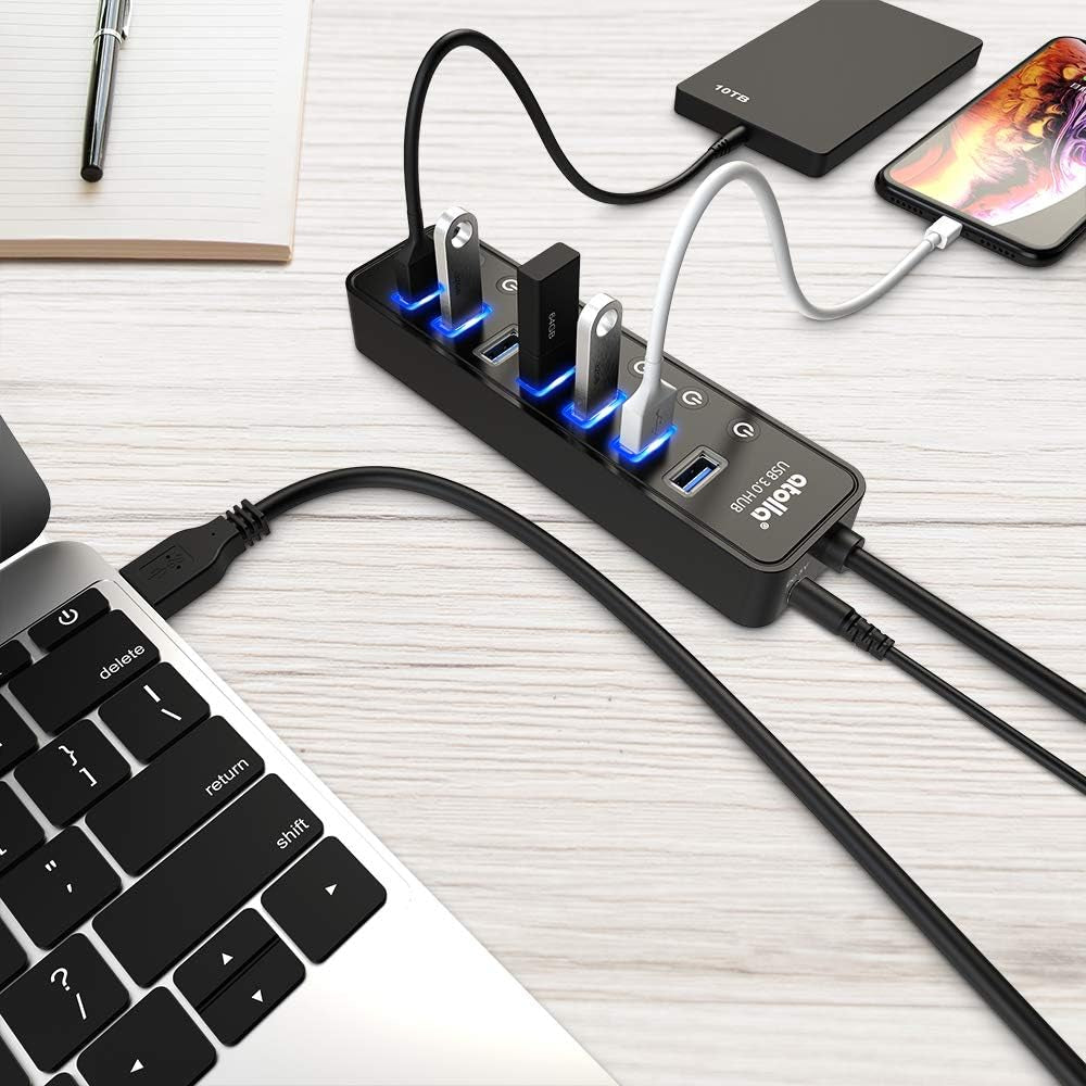 Powered USB Hub 3.0, Atolla 7-Port USB Data Hub Splitter with One Smart Charging Port and Individual On/Off Switches and 5V/4A Power Adapter USB Extension for Macbook, Mac Pro/Mini and More.