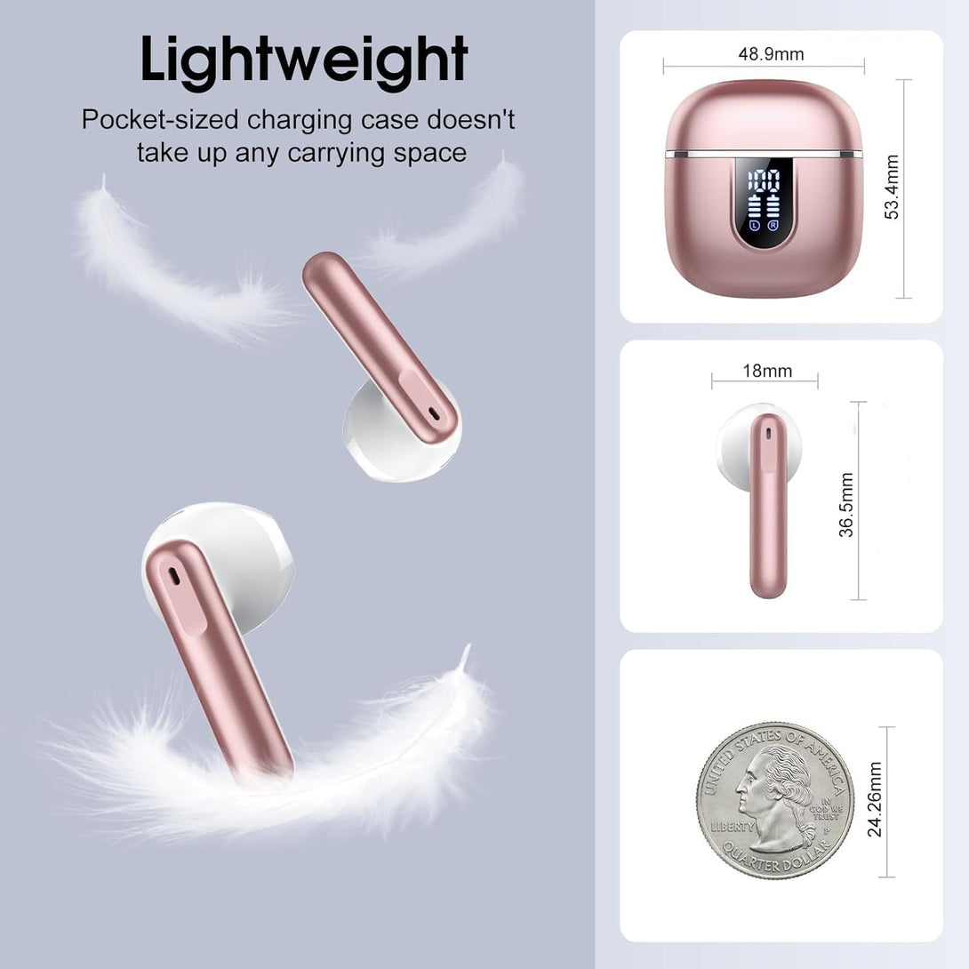 Wireless Earbuds, 2025 Bluetooth 5.4 Headphones in Ear Buds 3D Bass Stereo, 40H Ultralight Bluetooth Earbuds with 4 ENC Noise Cancelling Mic, IP7 Waterproof Earphones for Android Ios Pad, Rose Gold