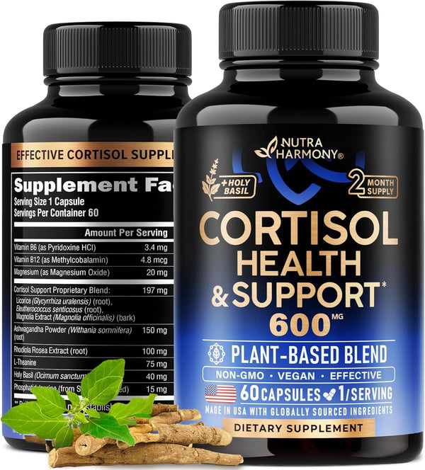 Cortisol Supplement for Women - Holy Basil | Ashwagandha | Rhodiola | L-Theanine - Plant-Based Hormone Balance - Mood, Focus & Sleep Support - Made in USA - Vegan, Non-Gmo - 60 Capsules for 2 Months