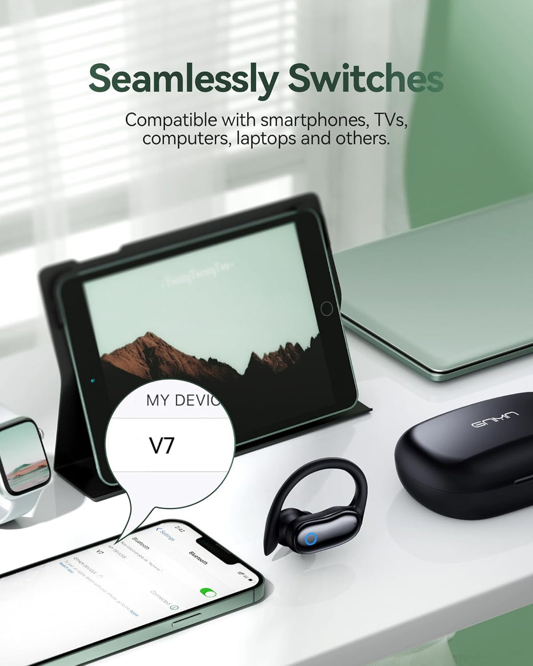 GNMN Ear Buds Wireless Earbuds 96Hrs Playback Bluetooth Headphones IPX7 Waterproof Stereo Bass Over-Ear Earphones with Earhooks Microphone LED Battery Display for Sports/Workout/Gym/Running Black