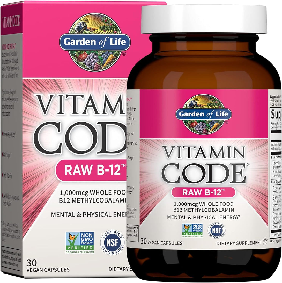 Garden of Life B12 - Vitamin Code Raw B-12 - 30 Capsules, 1,000Mcg Whole Food B12 Methylcobalamin for Energy, Vegan Methylcobalamin B12 Vitamin plus Probiotics & Enzymes, Gluten Free Supplements