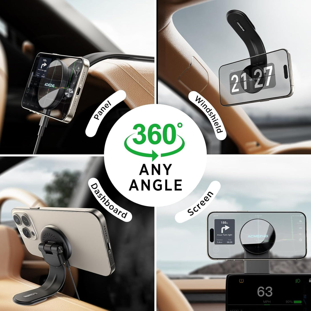15W Only for Iphone Magsafe Car Mount Charger, 360% Adjustable Aluminum Alloy Arm, Relocatable Car Phone Holder, Magnetic Wireless Fast Charging, Cell Phone Holder for All Car Models, Black
