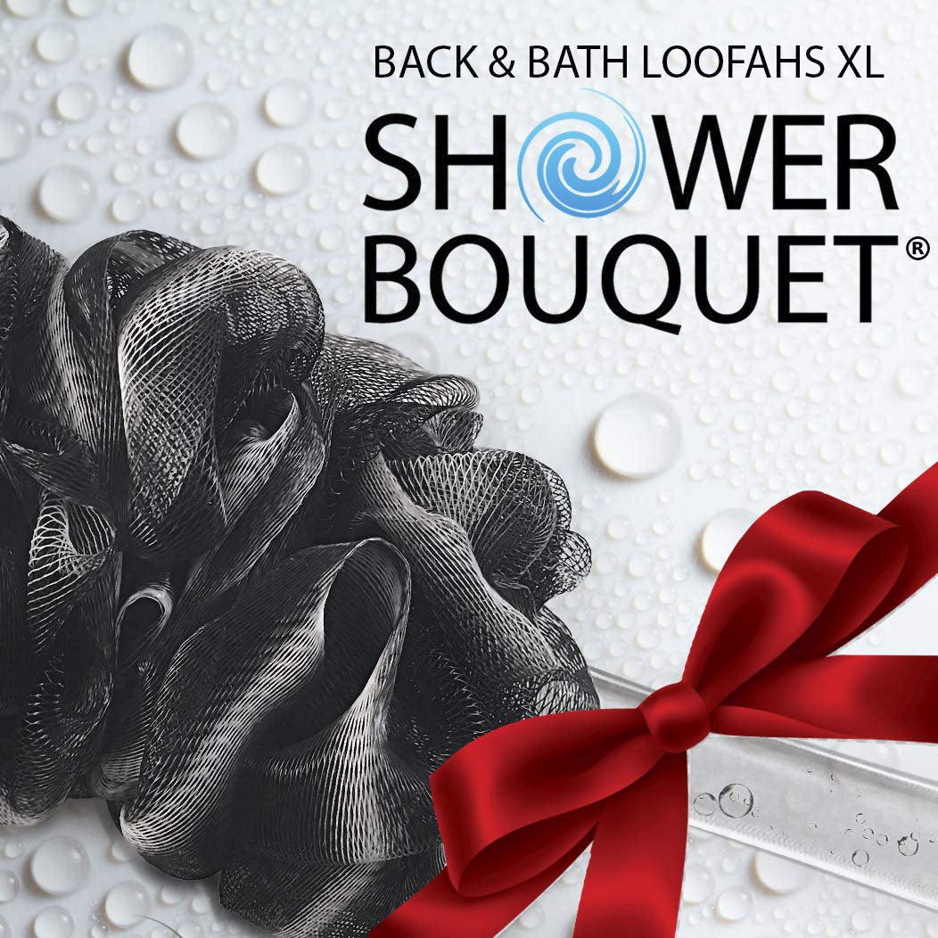 SHOWER BOUQUET Loofah-Charcoal Back-Scrubber & Bath-Sponge Set // 1 Long-Handle-Back-Brush plus 2 Extra Large 75G Soft Mesh Loofa-Lufa-Loufa Puff Poufs, Men & Women - Exfoliate with Full Pure Cleanse