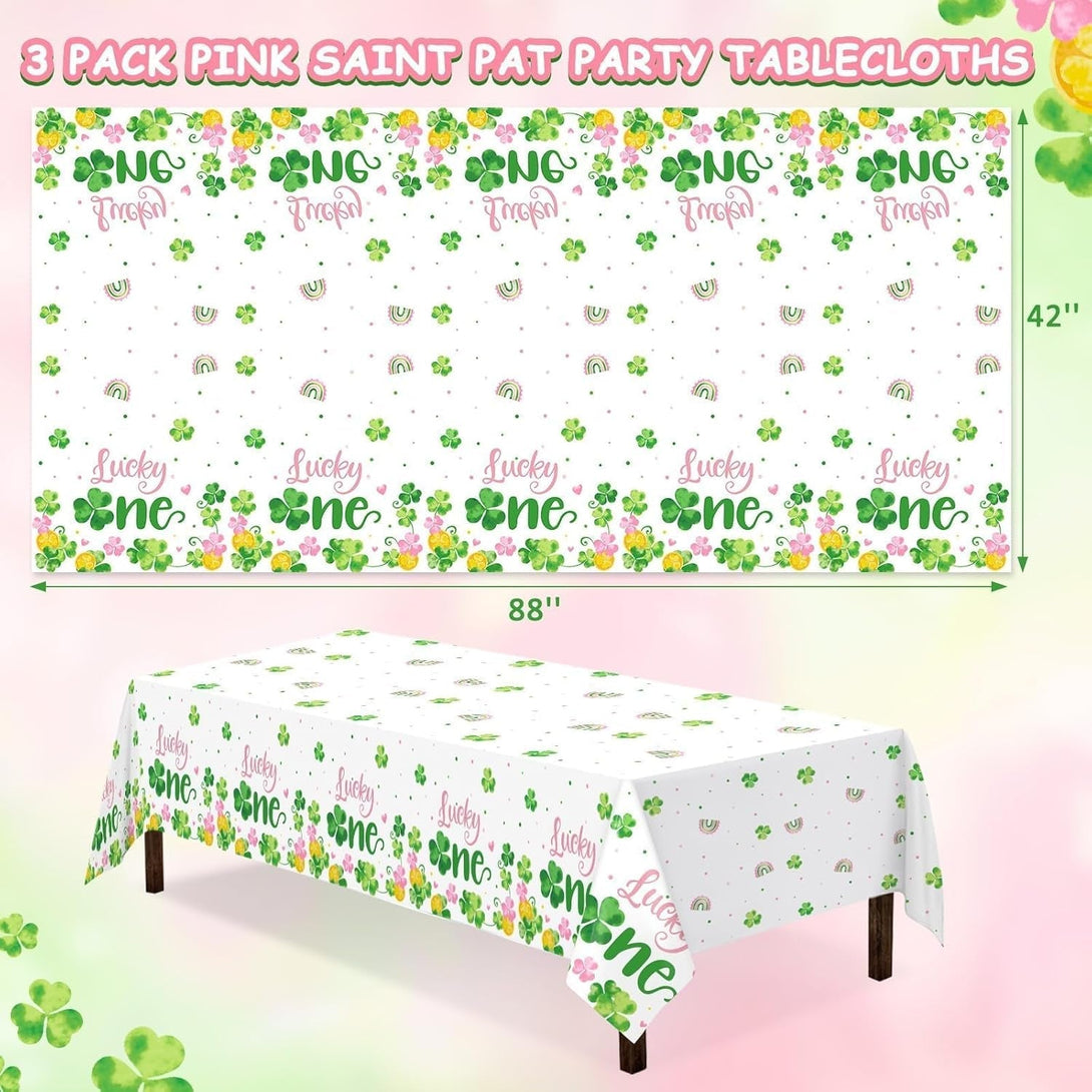 St. Patrick'S Day Table Cover Waterproof Shamrock Lucky One Girl'S Party Tablecloths March First Birthday Party Decorations 1St Birthday Decor Irish Party Supplies Plastic Table Runners Set of 3