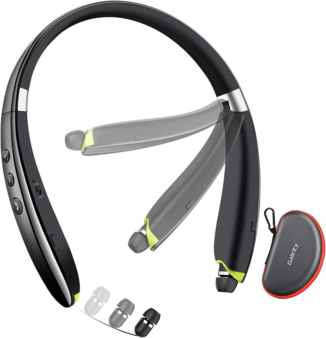 Bluetooth Headset, 2025 Upgraded Neckband Bluetooth Headphones with Retractable Earbuds, Noise Cancelling Stereo Earphones with Mic, Foldable Wireless Headphones for Sports Office with Carry Case