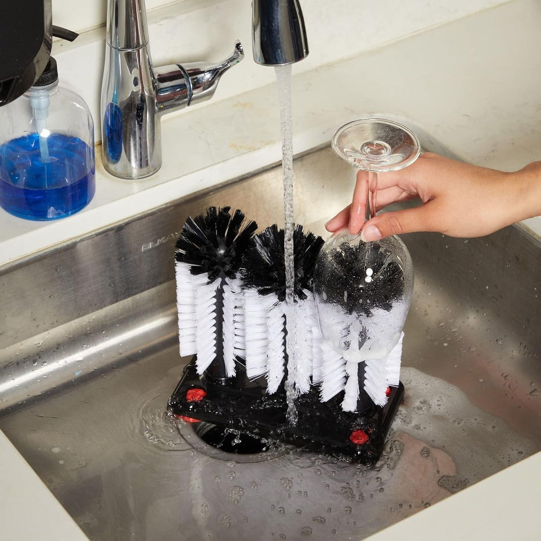 Bar Wine Glass Washer for Sink - 3 Head Bottle Brush Cleaner with Suction Base for Kitchen