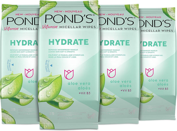 POND'S Vitamin Micellar Makeup Remover Wipes for Dry Skin, Skin Care Hydrating Aloe Vera Daily Face Wipes Remove Dirt, Waterproof Makeup, 25 Count, 4 Pack