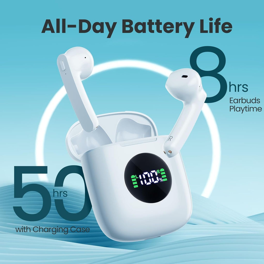 Ear Buds Bluetooth Headphones 50H Playtime Wireless Earbuds with Wireless Charging Case Dual LED Display Bluetooth Earbuds Deep Bass Stereo in Ear Headphones for Smartphone Laptop Sports Workout White