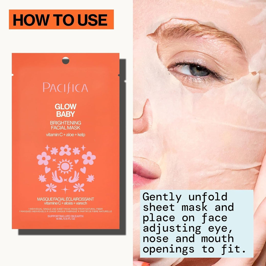 Pacifica Sheet Face Mask - Glow Baby Brightening Facial Mask W/Vitamin C, Aloe & Kelp – Cooling Mask for Dark Spots & Fine Lines - Clean Beauty Vegan & Cruelty-Free Dermatologist Tested
