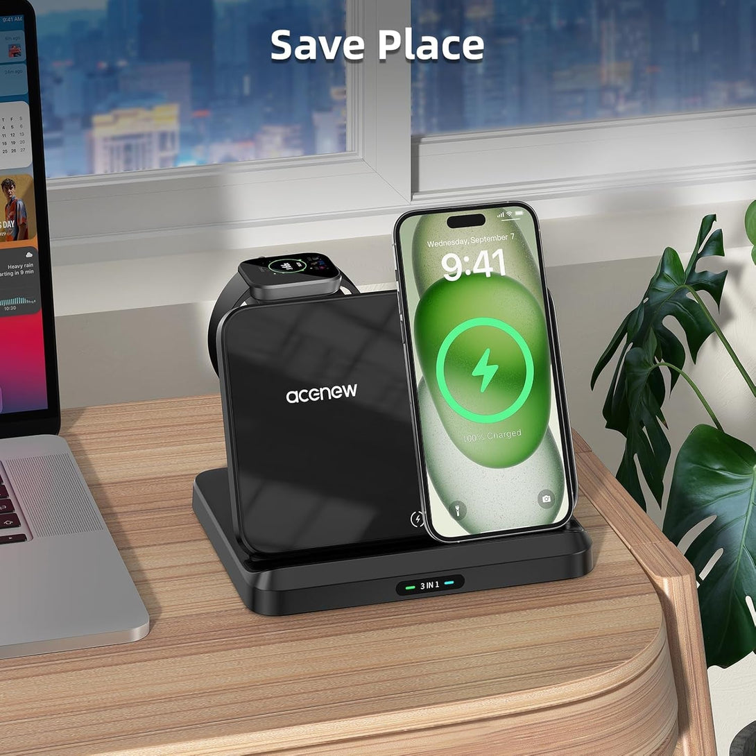 3 in 1 Wireless Charging Station for Multiple Devices Apple, Foldable Wireless Charger, Mag-Safe Charger Phone and Watch Charger, Compatible for Phone 13/14/15 Pro Max/Apple Watch/Airpods