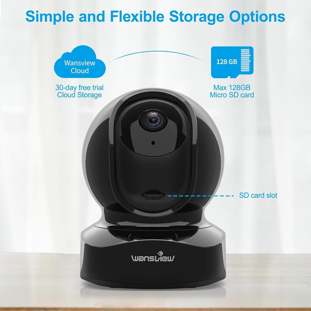 Wansview Security Camera Indoor, 360 Degree Wifi Home Security Cameras for Pet/Dog/Nanny, 2 Way Audio Night Vision, Works with Alexa, with TF Card Slot and Cloud, 2.4Ghz, Q5 (Black, 3MP)