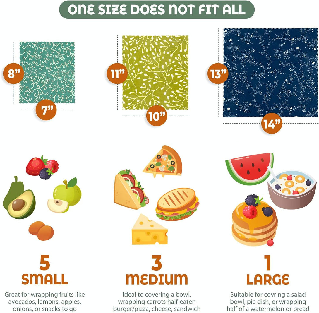 Akeeko Reusable Beeswax Food Wraps - Assorted 9 Packs, Reusable, Plastic-Free Food Storage, 5 Small, 3 Medium, 1 Large Wraps with Abstract Curves Pattern