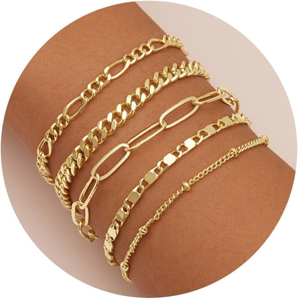 Gold Bracelets for Women Trendy,14K Real Gold Plated Dainty Stackable Paperclip Cuban Link Chain Bracelets,Cuff Bracelets Jewelry Set Adjustable 7"+2"