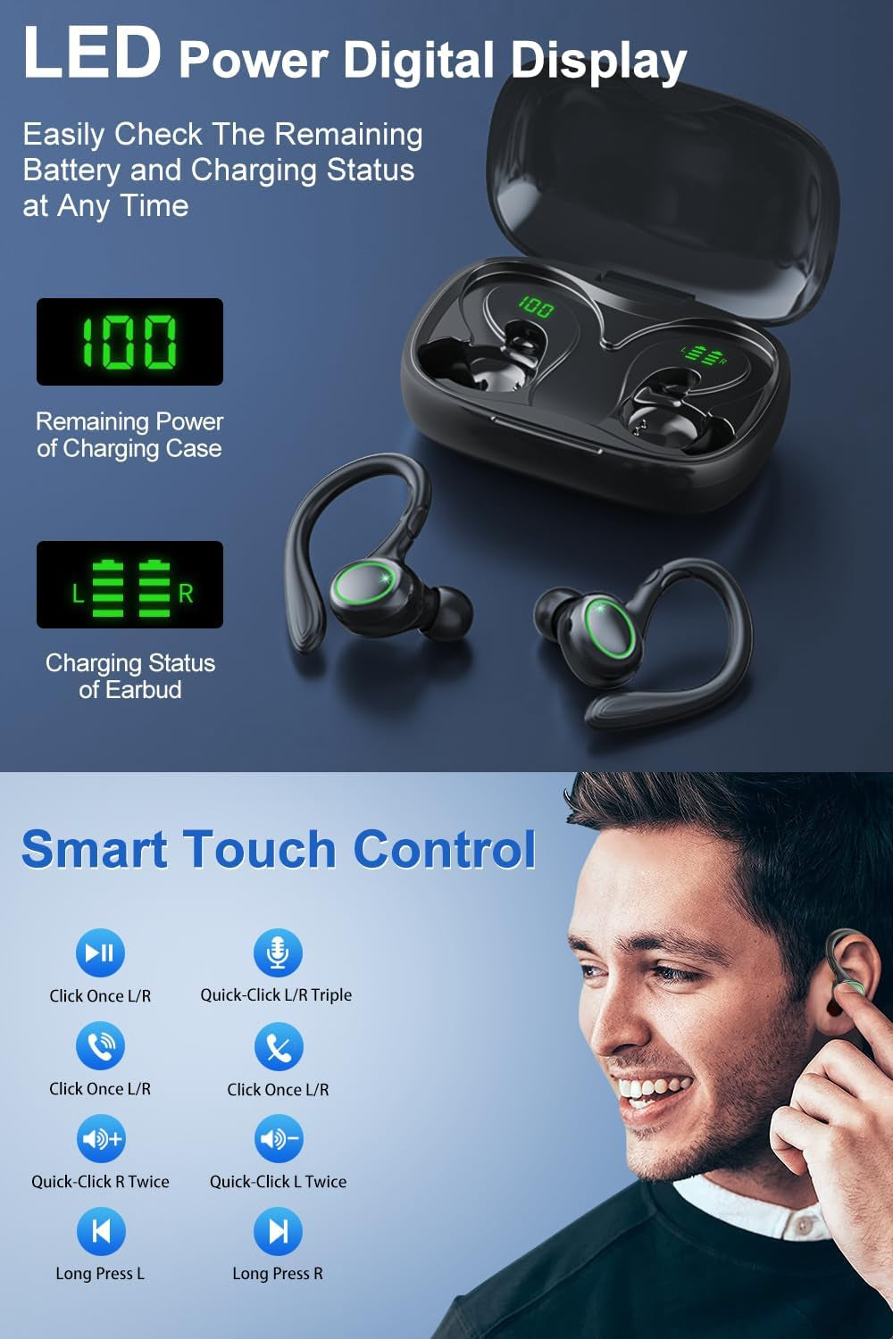 Wireless Earbuds, 60H Playback Bluetooth 5.3 Headphones,Noise Cancelling Wireless Headphones with LED Battery Display, Mics Clear Call, IPX7 Waterproof Bluetooth Earbuds for Workout Sports (BLACK)