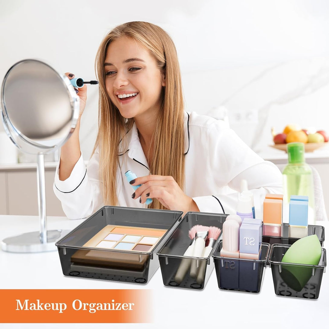 25 PCS Plastic Drawer Organizer Set, 4-Size Versatile Organizer Trays & Storage Bins for Makeup, Jewelry, and Gadgets in Bathroom, Bedroom and Office, Black