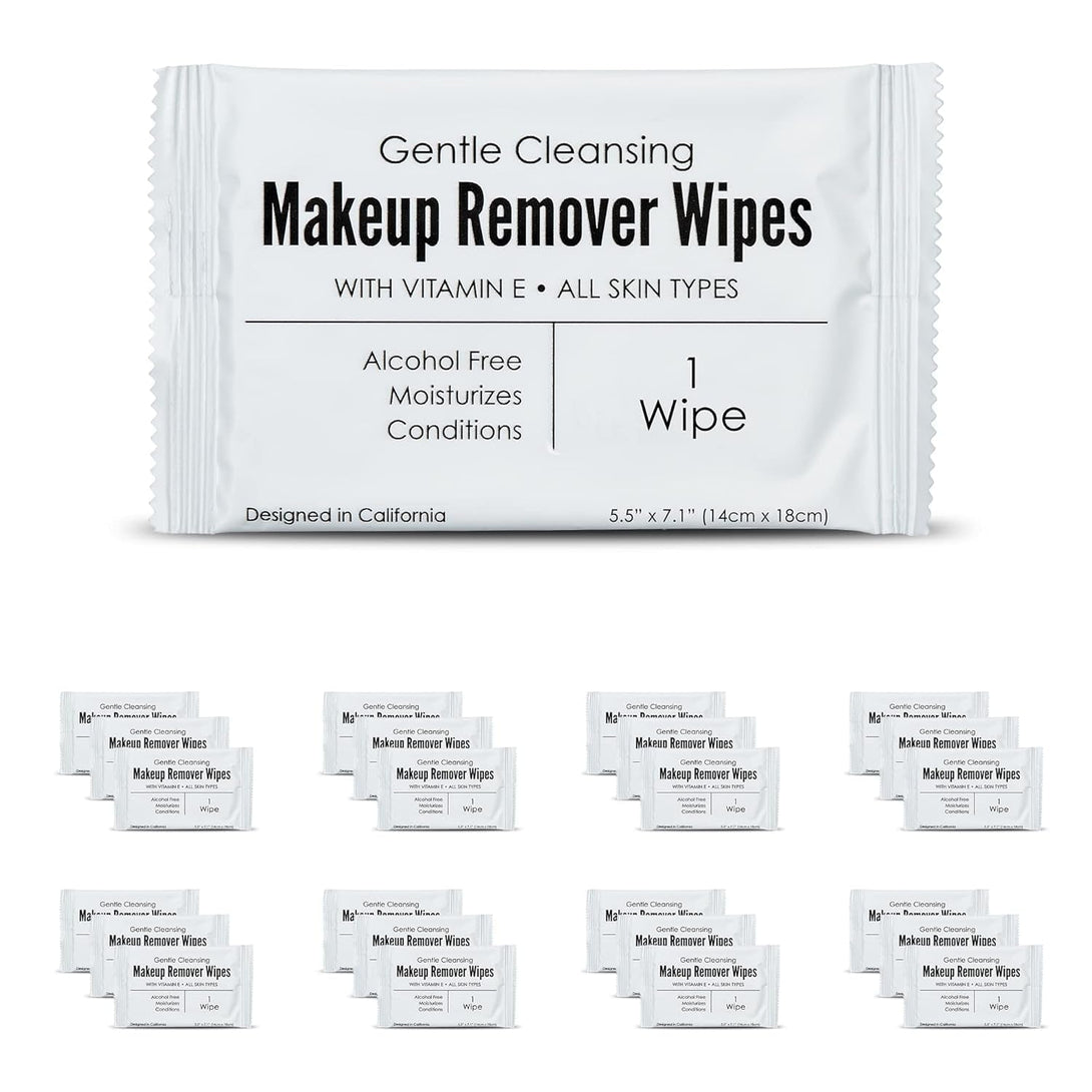 Bulk Makeup Remover Wipes | 50 Count | Individually Wrapped, Gentle Cleansing, Alcohol Free - All Skin Types - Vitamin E - 100% Recyclable, Hotel Travel Size Toiletries