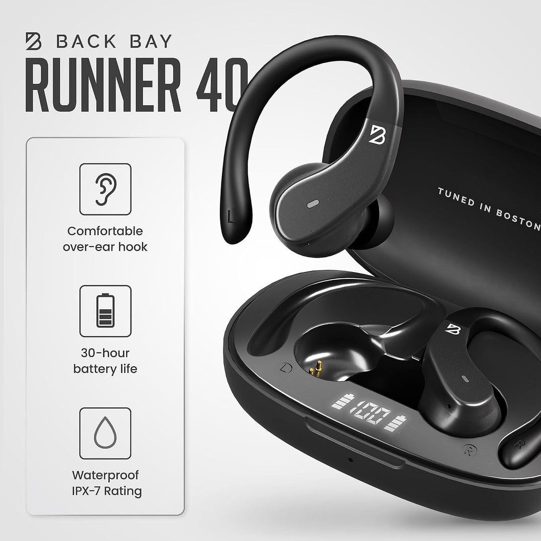 Back Bay Audio Runner 40 - Secure-Fit Wireless Earbuds, Running Bluetooth Earphones for Women and Men, Deep Bass Wrap around Earbuds for Small Ear Canals with Earhooks, Sweatprooof over the Ear Buds