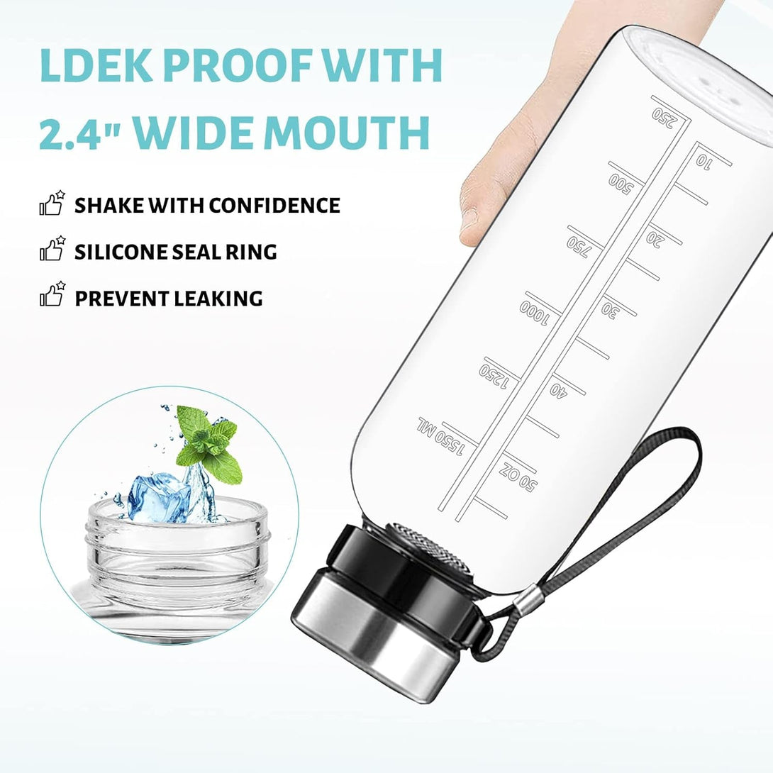 64 OZ Glass Water Bottle - Large Resuable Borosilicate Wide Mouth Glass Drinking Bottles with Time Mark, Sleeve, BPA Free