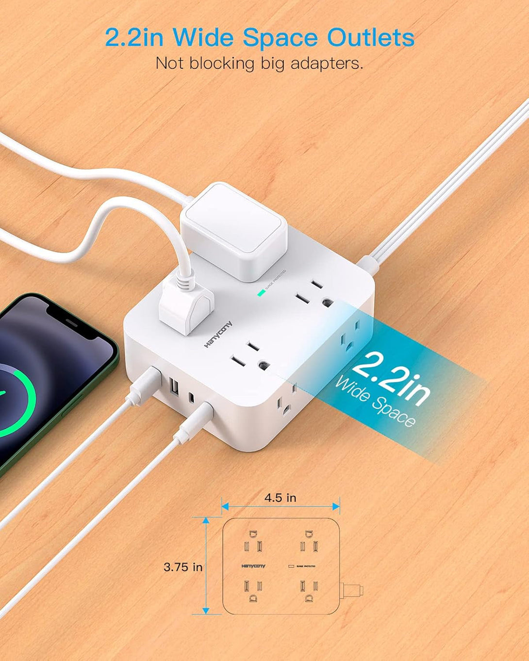 Surge Protector Power Strip, HANYCONY Extension Cord with Multiple Outlets, 5 Ft Ultra Thin Flat Plug 8 Outlets 4 USB Ports(2Usb C), 1080J Outlet Extender for Home Office College Dorm Room Essentials