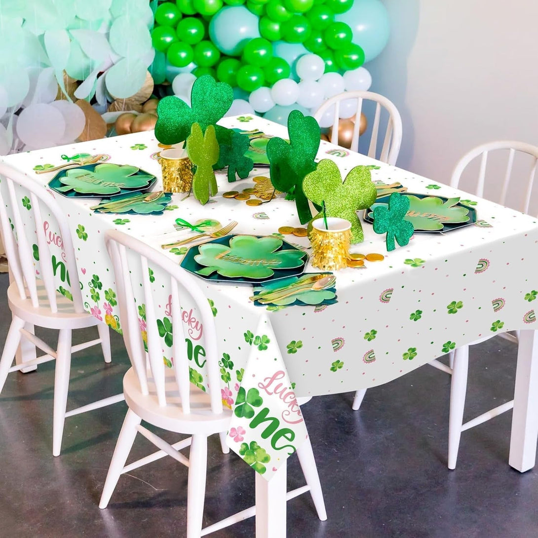 St. Patrick'S Day Table Cover Waterproof Shamrock Lucky One Girl'S Party Tablecloths March First Birthday Party Decorations 1St Birthday Decor Irish Party Supplies Plastic Table Runners Set of 3