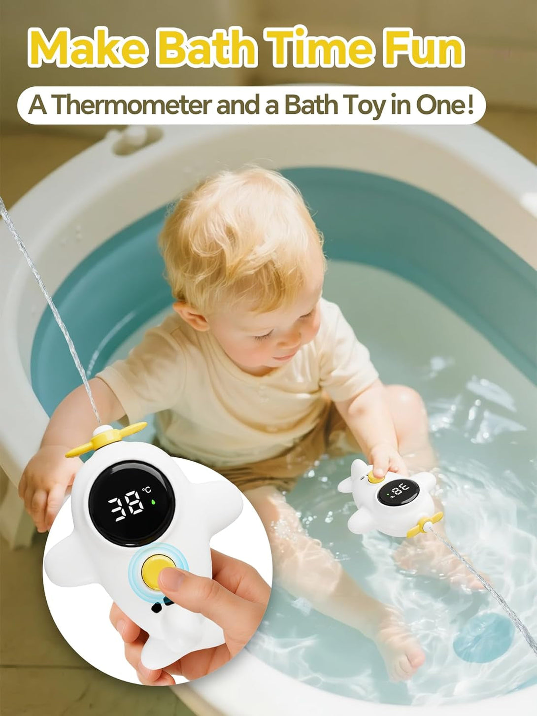 Baby Bath Thermometer with Fun Spraying Feature – a Floating Bath Toy with 3-Color Backlight for Infants (Celsius Display)