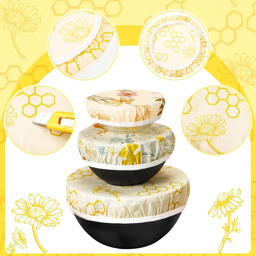 6 Pcs Beeswax Bowl Covers Reusable Cloth Bowl Covers Elastic Fabric Dish Cover Beeswax Food Wraps Cotton Kitchen Storage Containers Lids Kitchen Gifts for Bread Leftover Food Fruits Salad