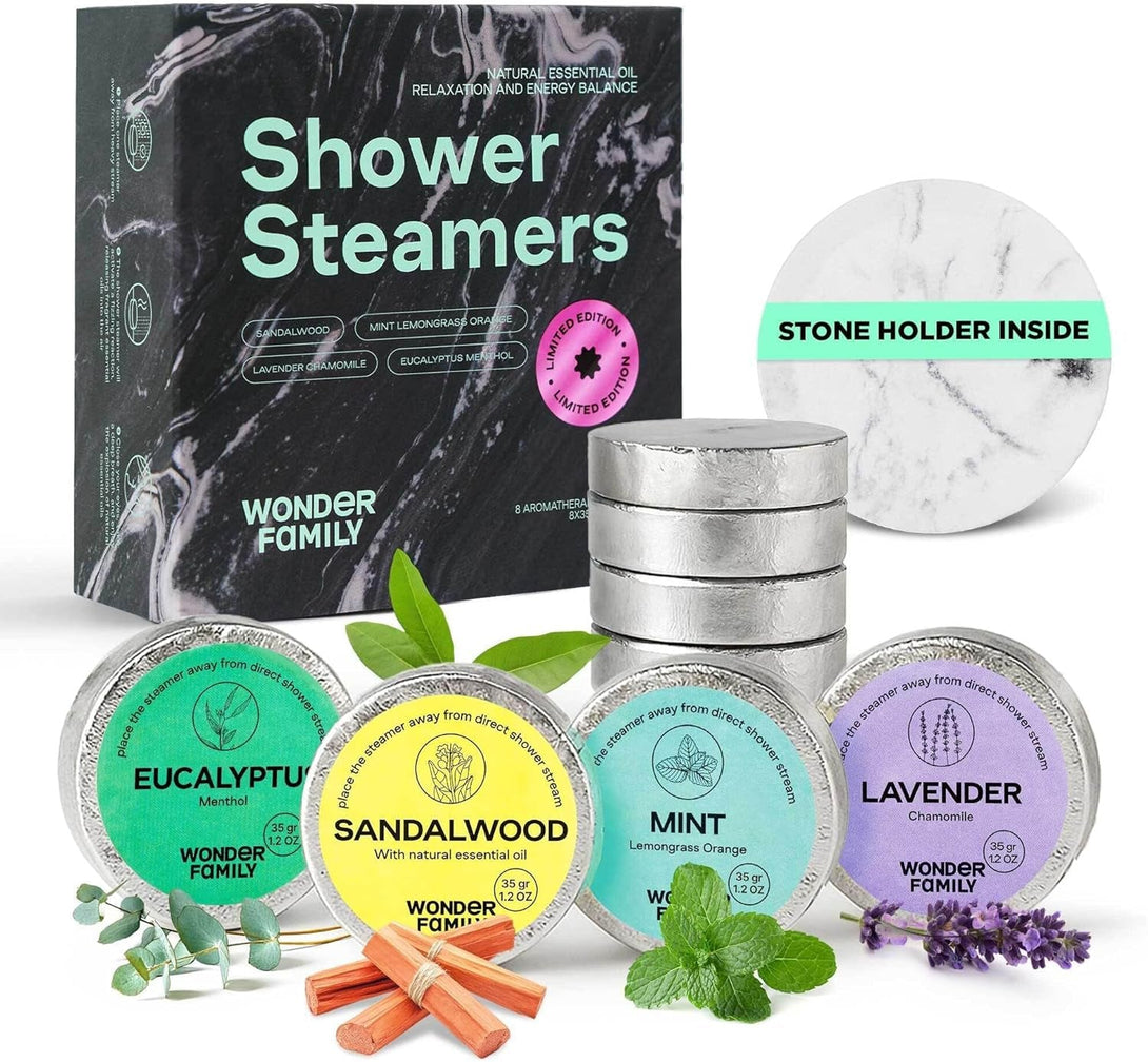 Shower Steamers for Sinus Relief & Self Care - 8 Pack Vapor Shower Tablets - Lavender Sandalwood Mint Eucalyptus Shower Steamers Aromatherapy - SPA Gifts for Women & Men - with Stone Tray