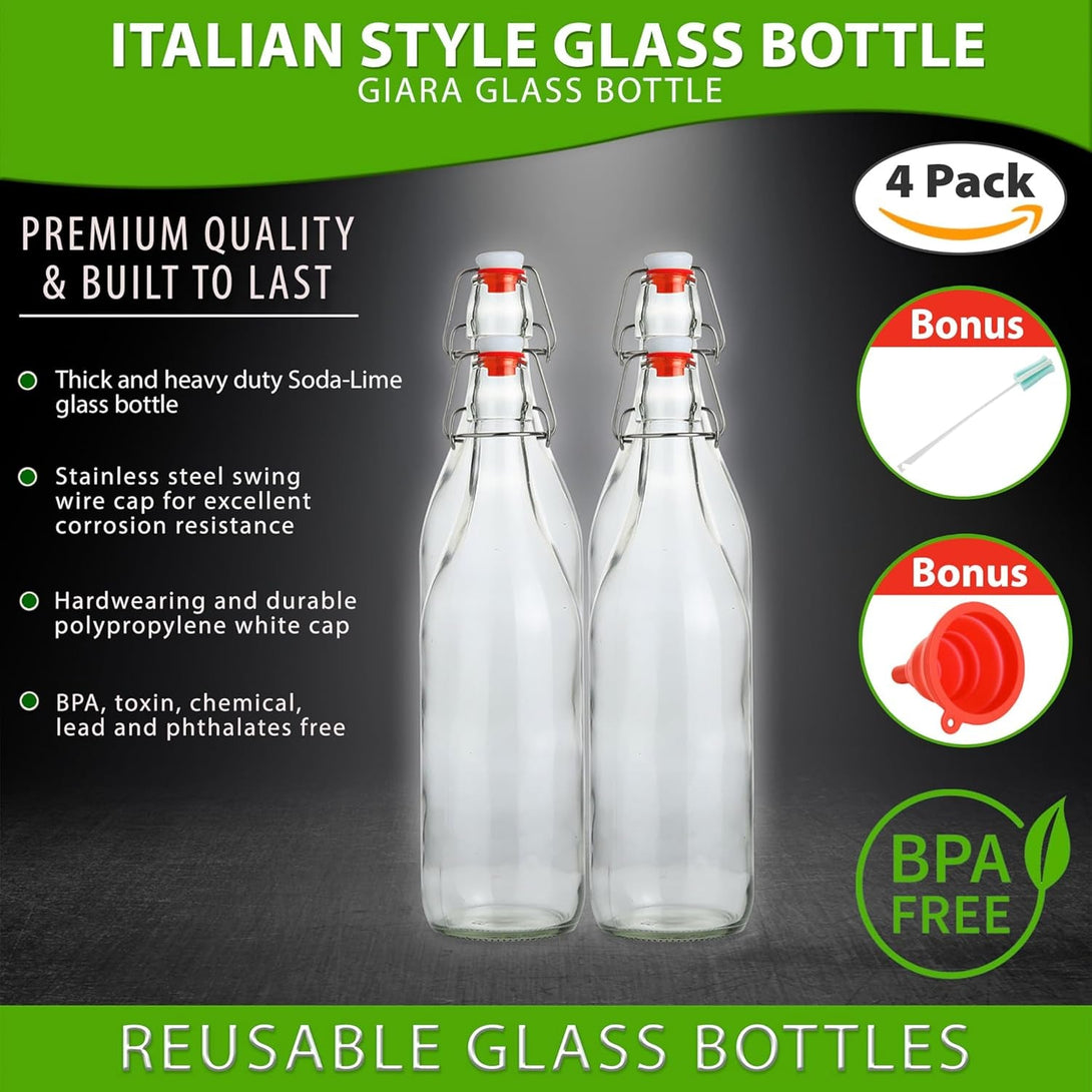 AYL Flip Top Glass Bottle [1 Liter / 33 Fl. Oz.] [Pack of 4] – Swing Brewing Bottle with Stopper for Beverages, Oil, Vinegar, Kombucha, Water, Soda, Kefir – Airtight Lid & Leak Proof Cap – Clear