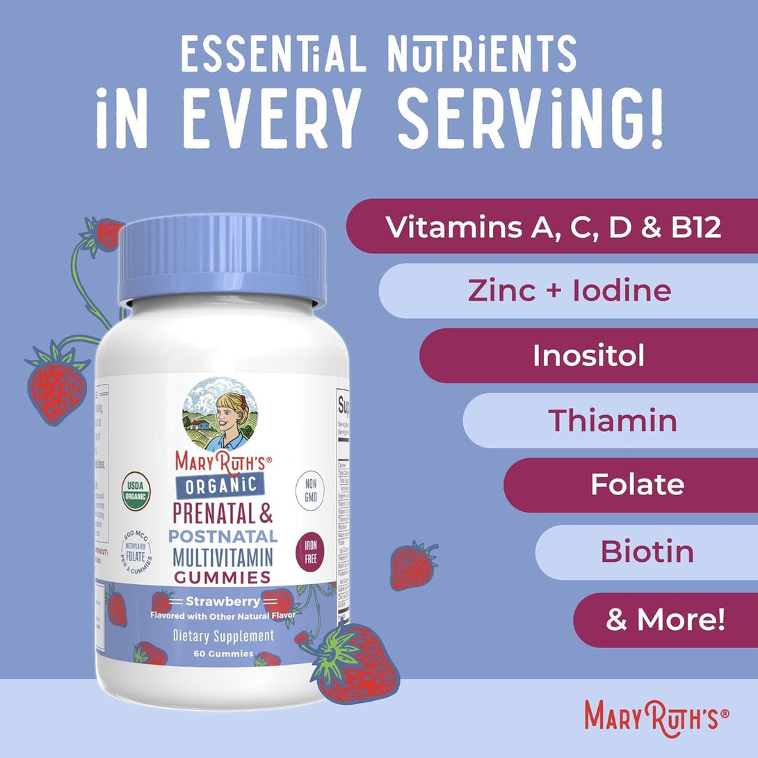 Maryruth Organics Prenatal Vitamins for Women | USDA Organic Prenatal Gummies | Postnatal Vitamins for Women Breastfeeding | Methylfolate 800 Mcg DFE | Iodine | Vegan | Non GMO | 30 Servings