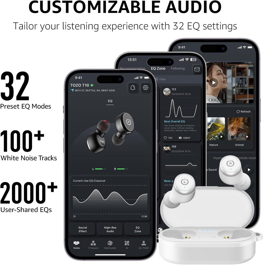 TOZO T10 Wireless Earbuds Bluetooth 5.3 Headphones, App Customize EQ, Ergonomic Design, 55H Playtime, Wireless Charging Case, IPX8 Waterproof Sound In-Ear Headset, 2025 New Version