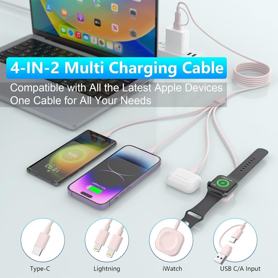 4 in 2 Travel Multi Charging Cable for Apple Watch Charger (6FT/1.8M), Universal Chargers for All Devices Travel Essentials Compatible with Apple Iphone Android Phone and Iwatch Ipad, Airpods(Pink)