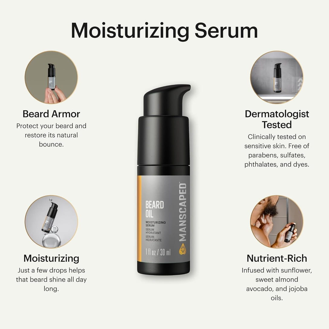 MANSCAPED® Beard Oil, Moisturizing Serum with Jojoba Seed, Sunflower, Sweet Almond Oils for a Nourishing, Hydrating Shine, (1 Fl Oz) 1-Pack