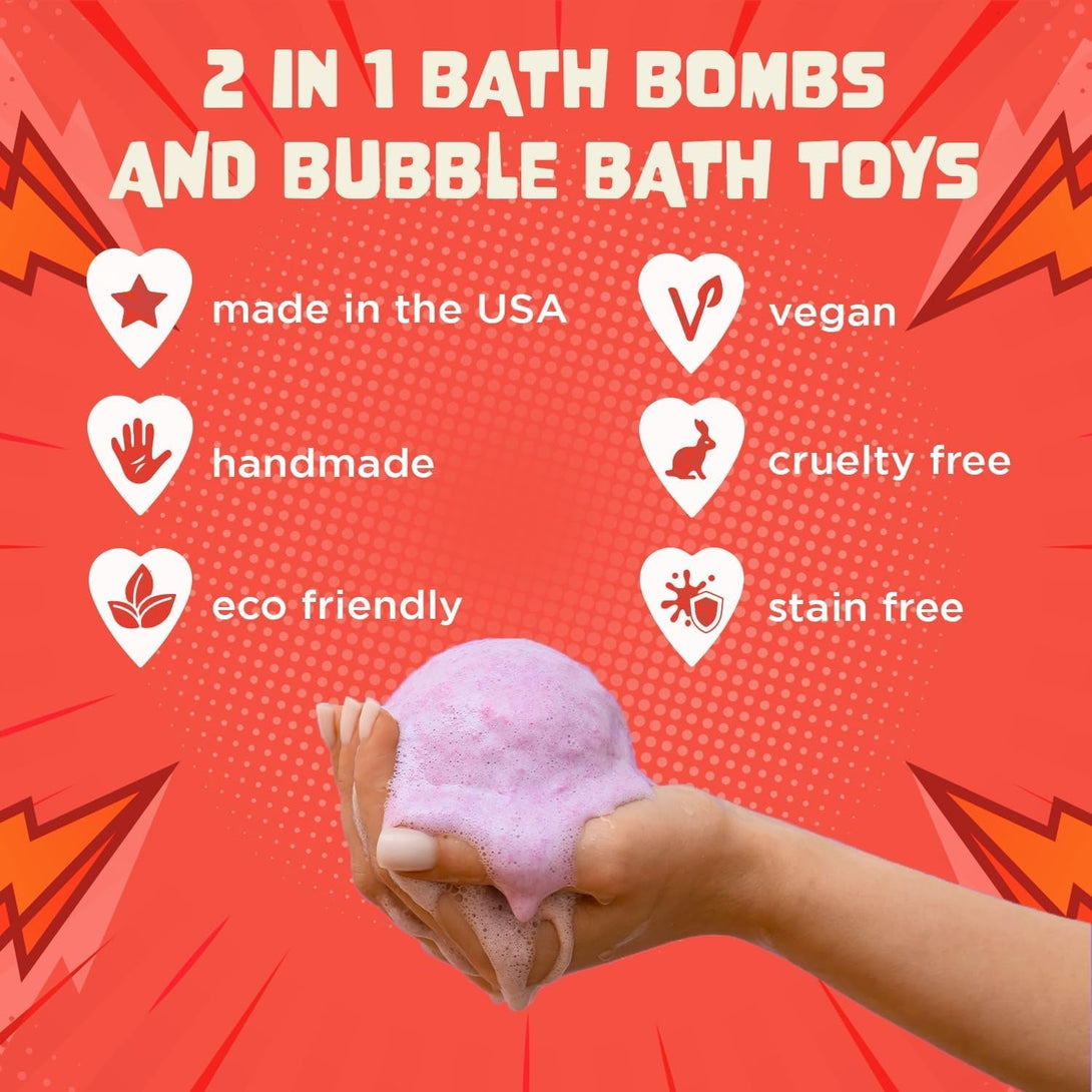 Superhero Bath Bombs for Kids with Surprise Toys inside (6 Pack) - Large Bubble Bomb Fizzies for Boys, Girls, & Toddlers - Fruity Scents, Relaxing Aromas, Made in USA, Birthday Gift by Two Sisters