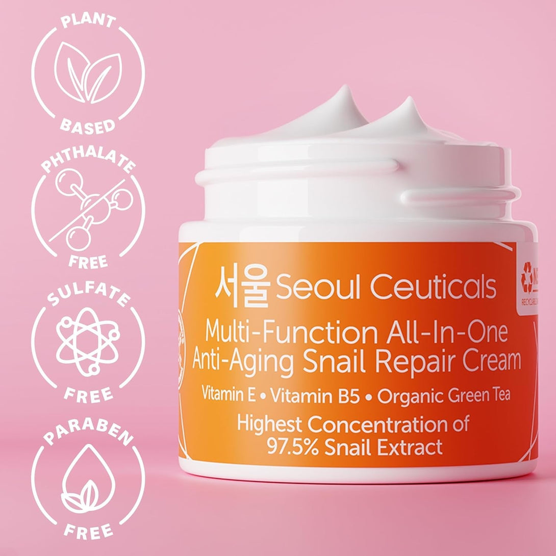 Seoulceuticals Korean Skin Care 97.5% Snail Mucin Moisturizer Cream - K Beauty Skincare Day & Night Snail Repair Cream Filtrate Cruelty Free 2Oz