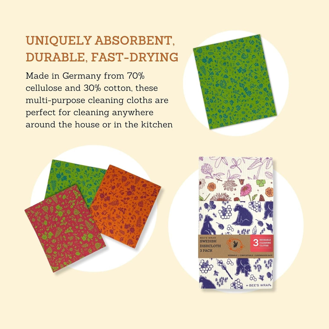 Bee'S Wrap Swedish Dish Cloths - Pack of 3 Colorful Patterned Reusable Paper Towels - Spring Swedish Dishcloths for Kitchen - Organic & Washable Paper Towel Alternative