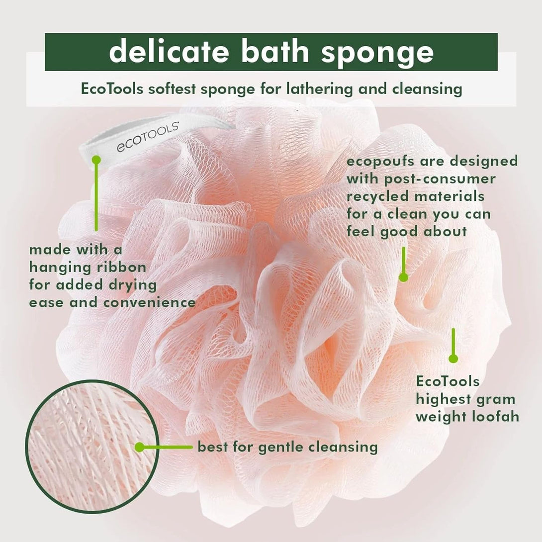 Ecotools Delicate Ecopouf 4 Pack, Loofah Sponge for Bath & Shower, Recycled Netting, Gentle Exfoliation, Pouf for Body Wash, Eco-Friendly Bath Accessory, Cruelty-Free, Color May Vary, (60G Each)