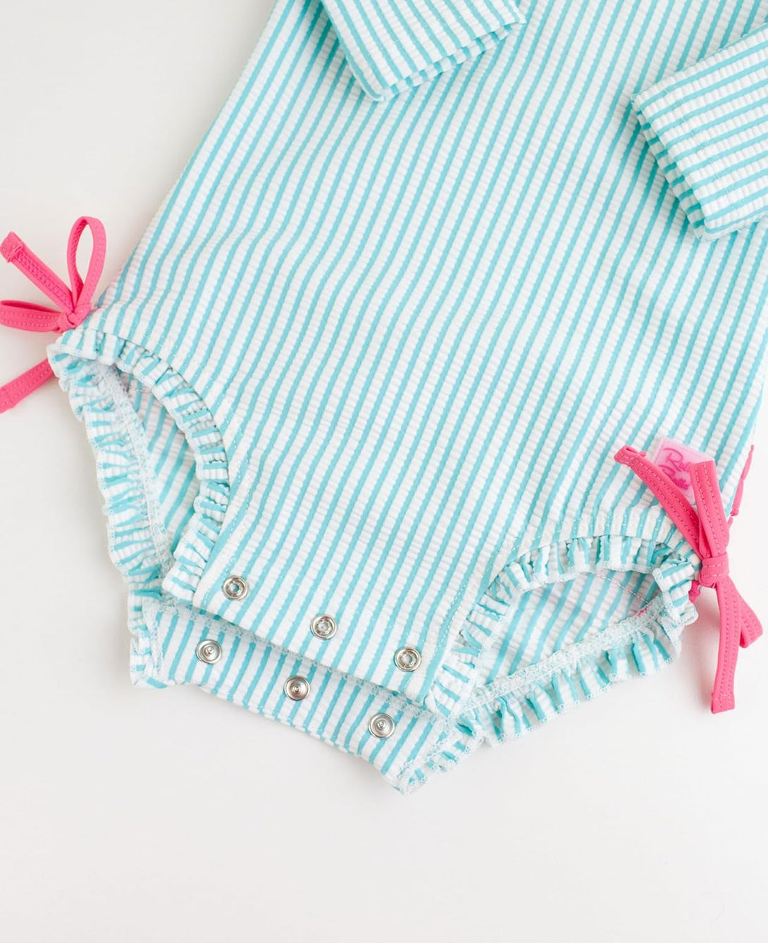Rufflebutts Baby/Toddler Girls Seersucker Long Sleeve One Piece Rash Guard Swimsuit with UPF 50+ Sun Protection
